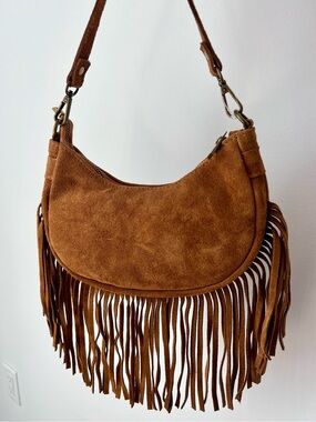 Marlon Italy Cognac Suede Fringe Crossbody Bag NWT Made in Italy